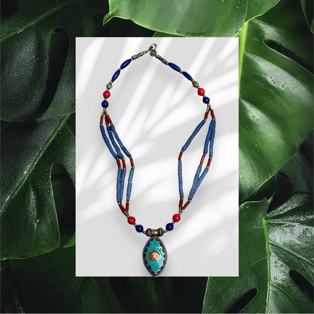 Bali Boho Red Coral & Denim-Look Pendant Necklace